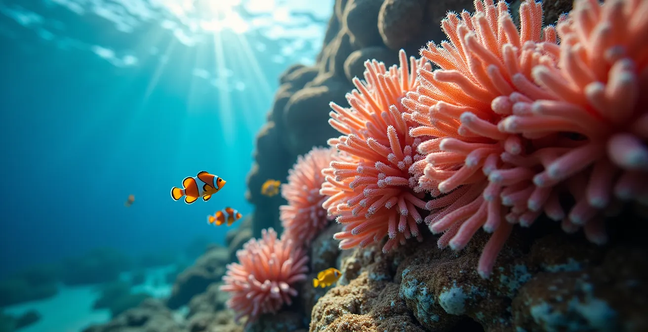 Vue sous-marine du récif corallien formant une barrière naturelle dans le lagon de l'Ermitage