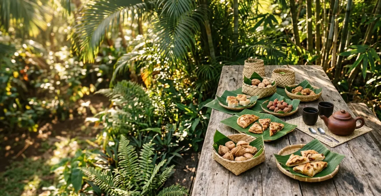 Table de café traditionnel réunionnais avec gâteaux patates et bonbons miel pour le goûter de 16h