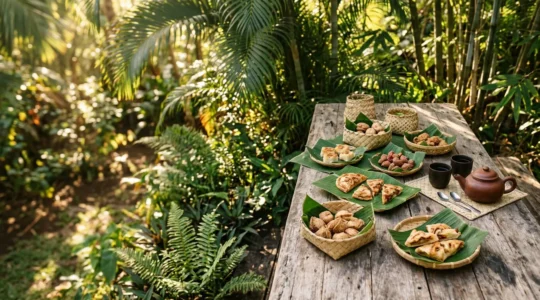 Table de café traditionnel réunionnais avec gâteaux patates et bonbons miel pour le goûter de 16h