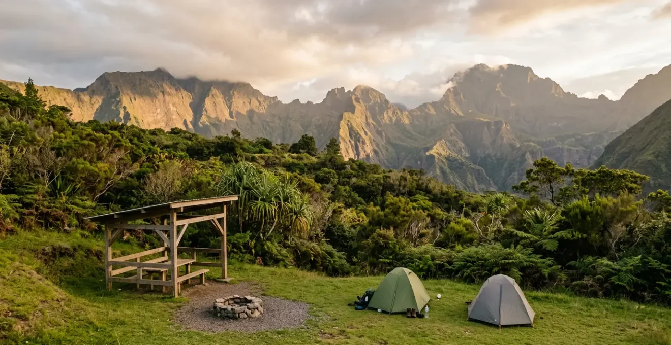 Vue panoramique d'une aire de camping aménagée dans les hauteurs de La Réunion avec le cirque de Mafate en arrière-plan