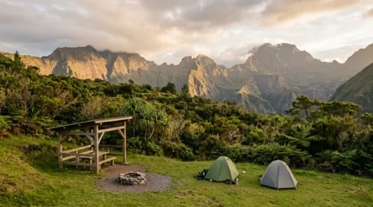Vue panoramique d'une aire de camping aménagée dans les hauteurs de La Réunion avec le cirque de Mafate en arrière-plan