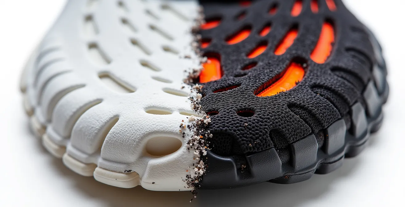 Comparaison visuelle de baskets détruites après randonnée sur lave volcanique