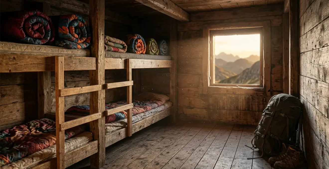 Vue intérieure d'un gîte de montagne typique avec dortoir rustique et randonneur préparant son sac