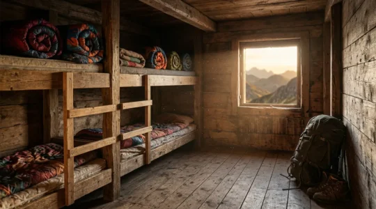 Vue intérieure d'un gîte de montagne typique avec dortoir rustique et randonneur préparant son sac