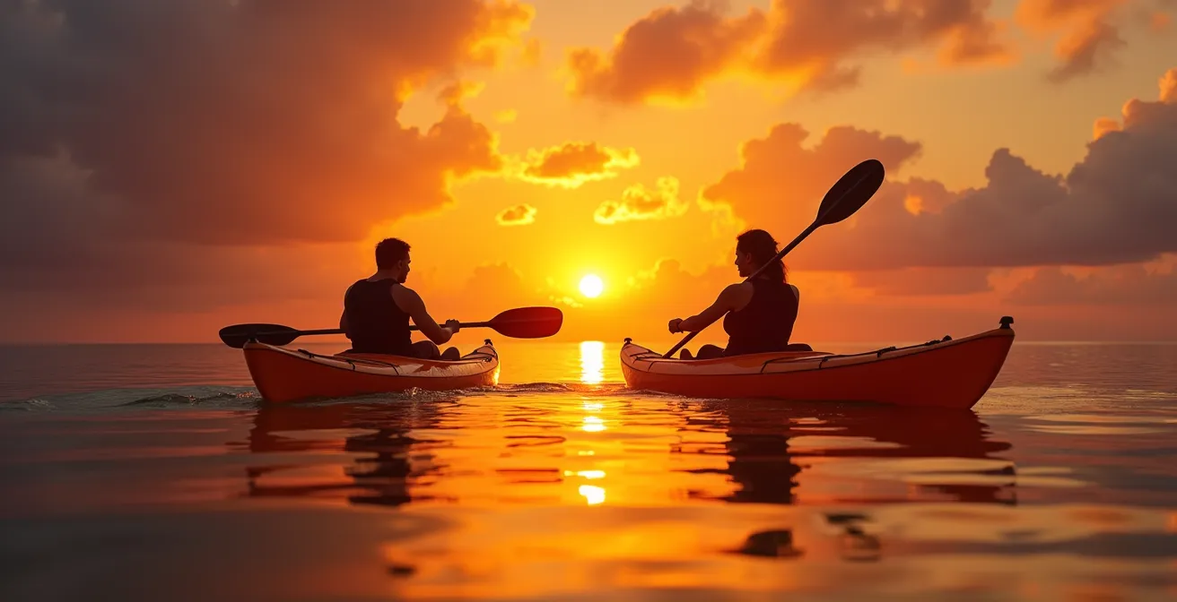 Silhouettes de kayakistes observant le coucher de soleil sur l'horizon de l'océan Indien
