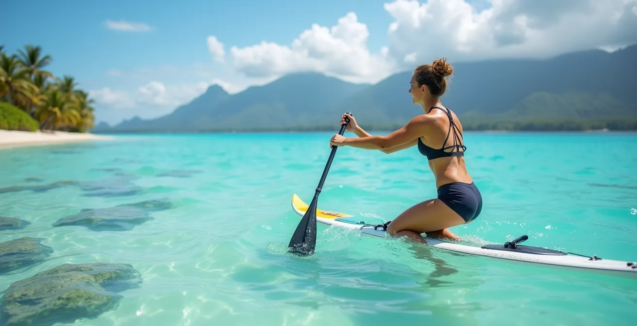 Personne en position stable sur un paddle dans les eaux calmes du lagon de l'Ermitage