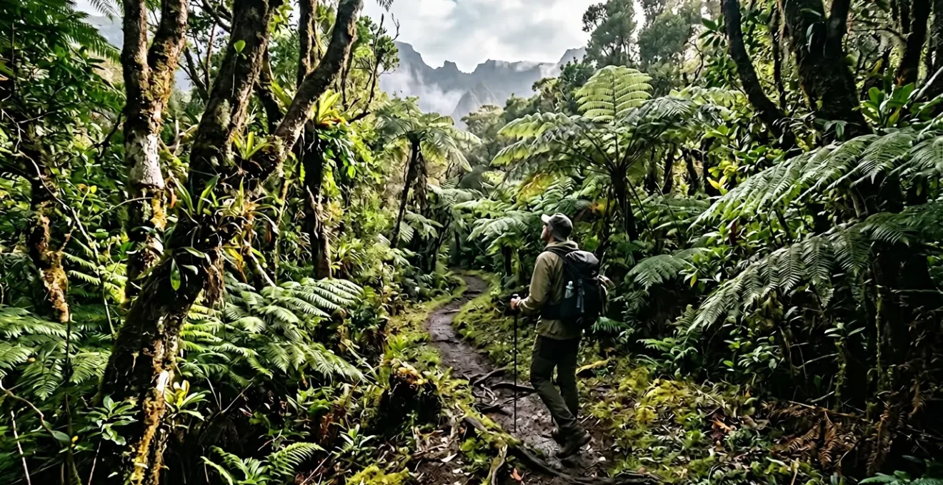 Randonneur observant avec respect la forêt primaire de La Réunion sur un sentier balisé