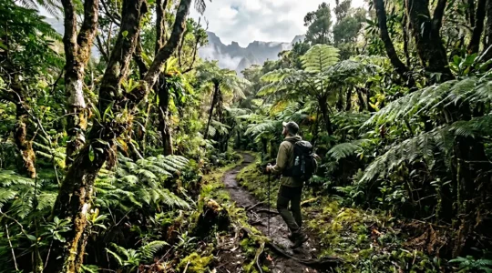 Randonneur observant avec respect la forêt primaire de La Réunion sur un sentier balisé