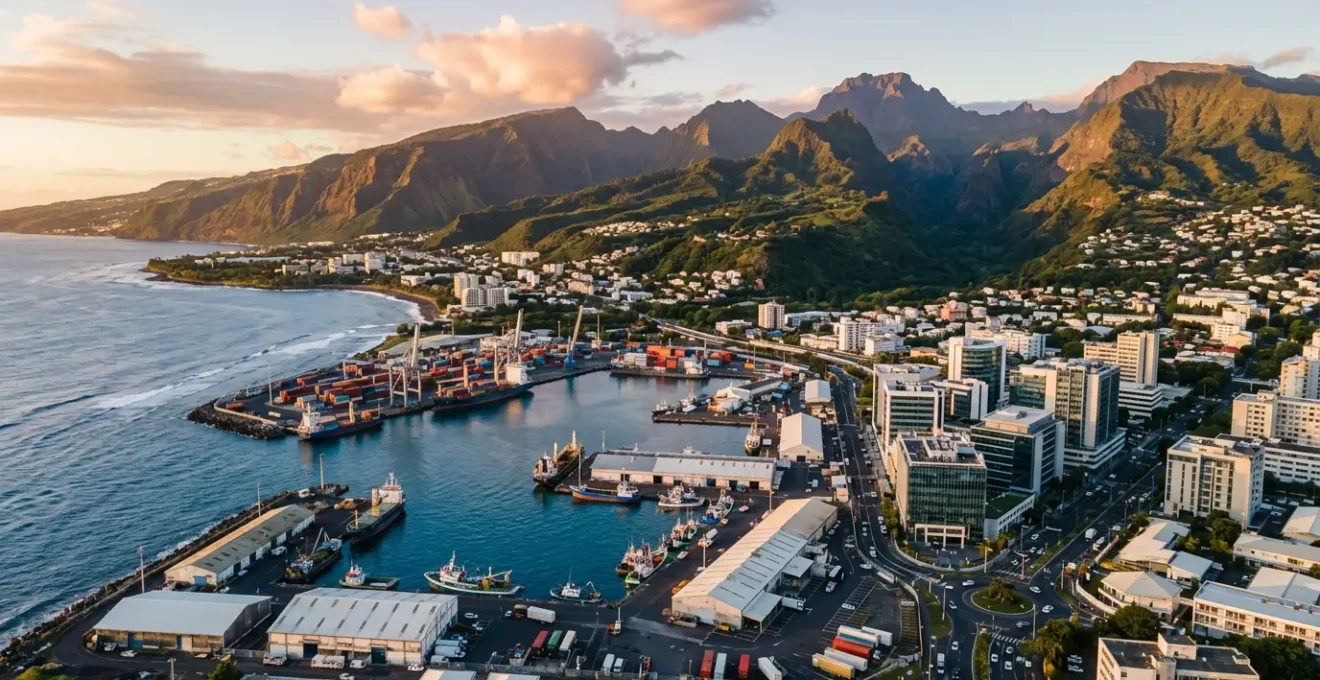 Vue aérienne de Saint-Denis de La Réunion avec le port et les montagnes en arrière-plan, symbolisant les opportunités d'emploi entre secteur public et tourisme