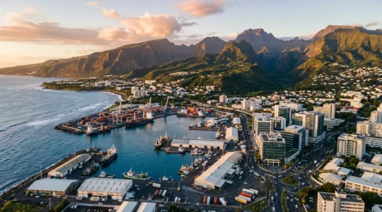 Vue aérienne de Saint-Denis de La Réunion avec le port et les montagnes en arrière-plan, symbolisant les opportunités d'emploi entre secteur public et tourisme