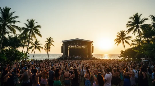Vue panoramique d'un festival de musique tropical avec scène face à l'océan Indien au crépuscule
