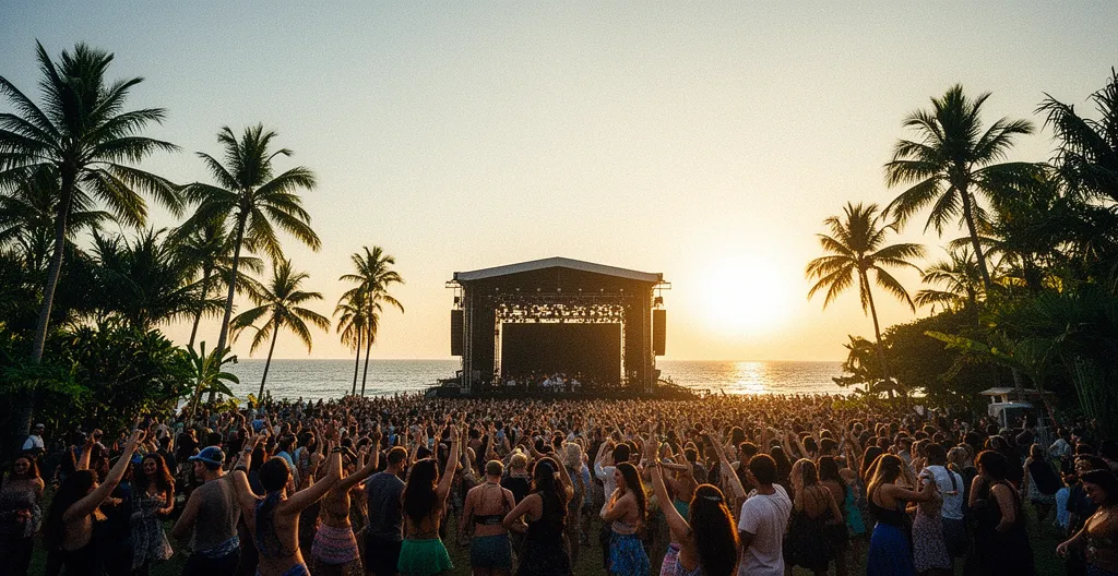 Vue panoramique d'un festival de musique tropical avec scène face à l'océan Indien au crépuscule