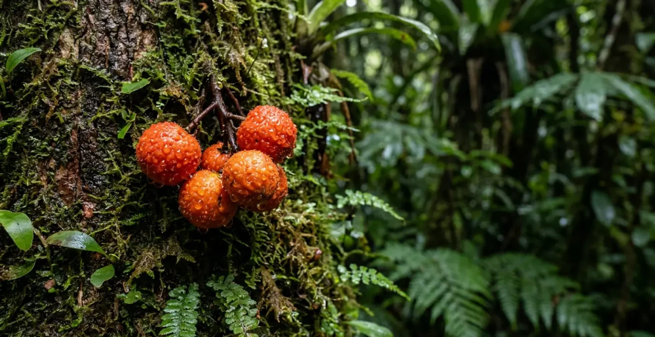 Vue rapprochée de fruits tropicaux inconnus sur un tronc d'arbre en forêt humide