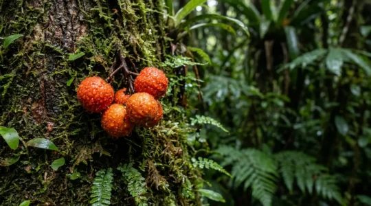 Vue rapprochée de fruits tropicaux inconnus sur un tronc d'arbre en forêt humide