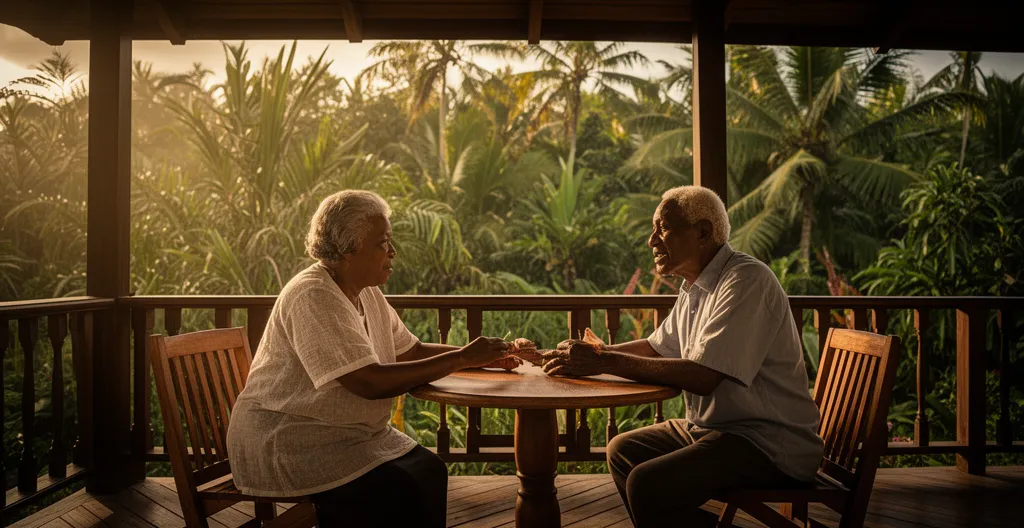 Portrait d'un gramoune réunionnais sur sa varangue entouré de sa famille multigénérationnelle