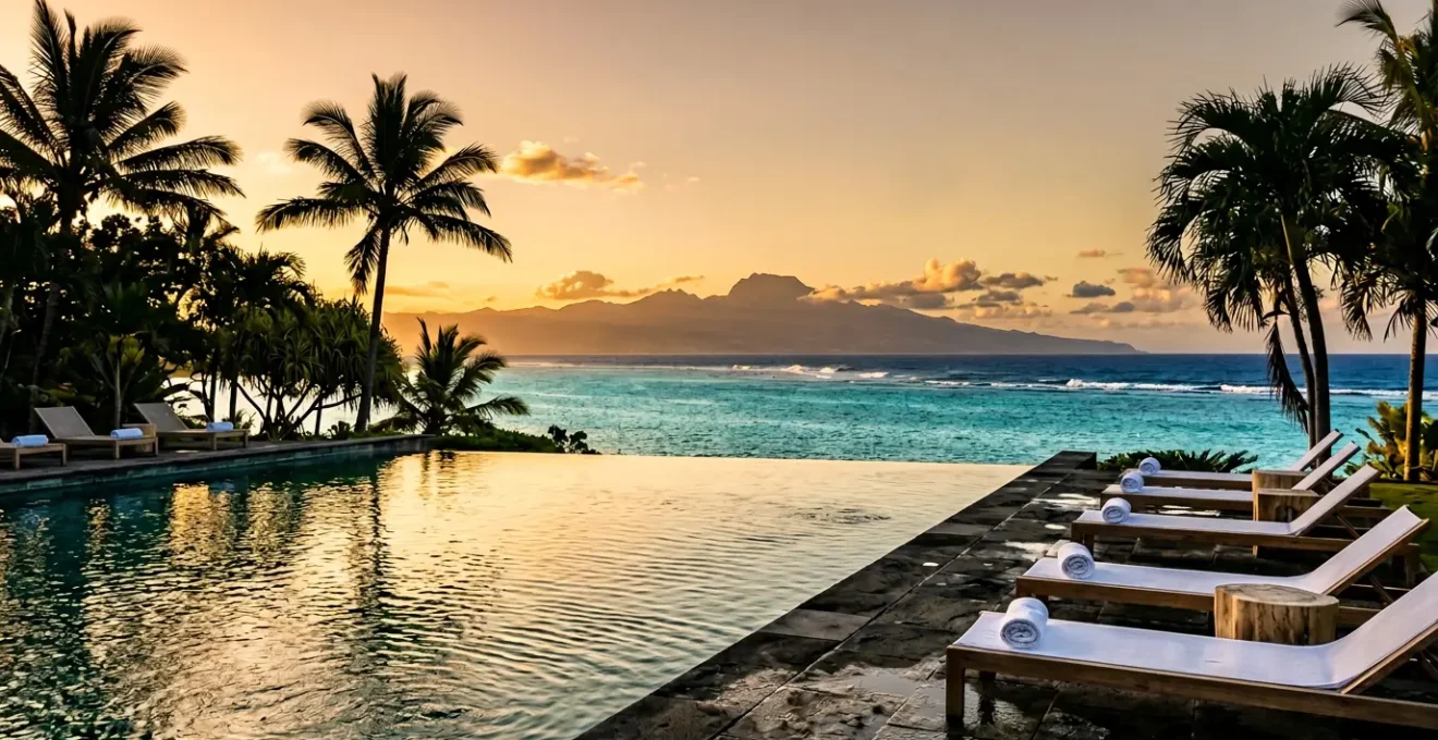 Piscine à débordement d'un hôtel face au lagon de La Réunion au coucher du soleil