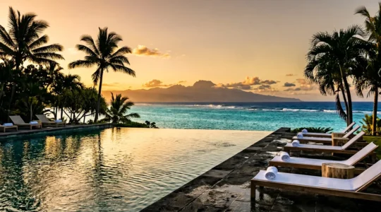 Piscine à débordement d'un hôtel face au lagon de La Réunion au coucher du soleil