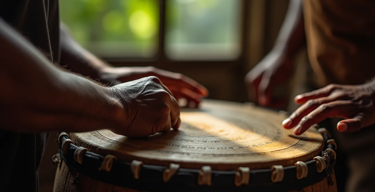 Composition artistique montrant roulèr, kayamb et instruments traditionnels du séga et maloya