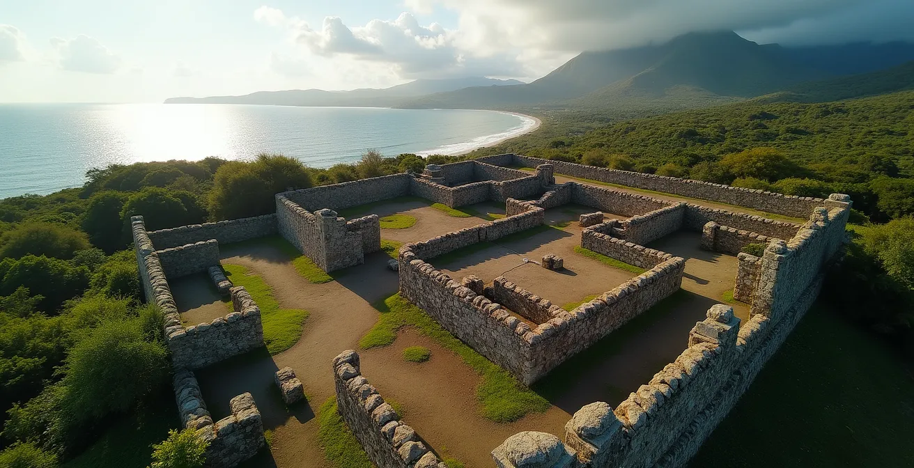 Vue aérienne des vestiges des Lazarets de la Grande Chaloupe avec les fondations des anciens dortoirs