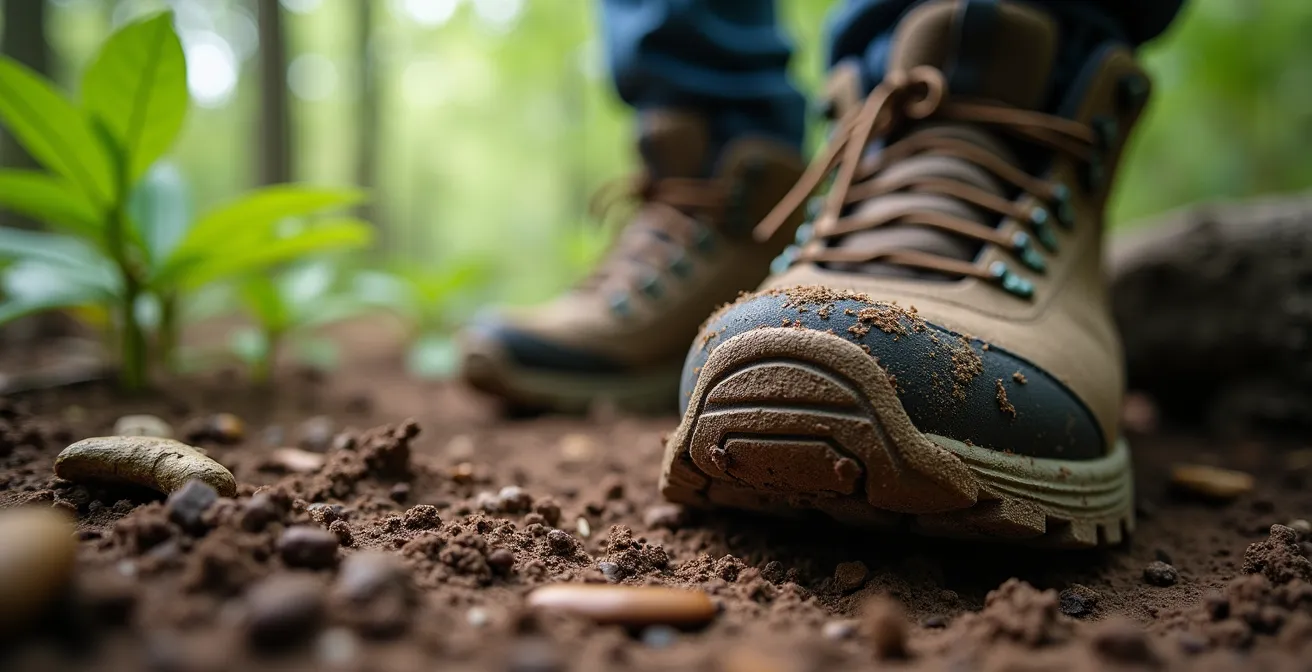 Gros plan extrême sur une semelle de chaussure révélant graines et particules de terre