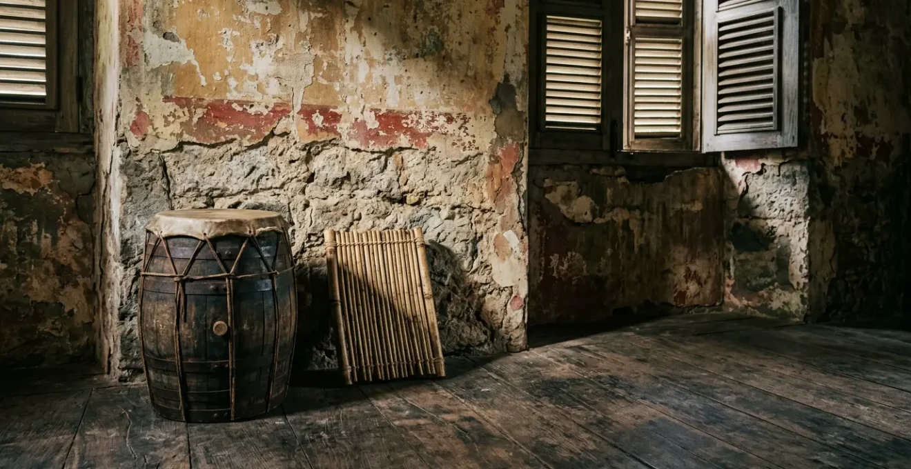 Vue atmosphérique d'instruments traditionnels du Maloya dans un cadre patrimonial réunionnais