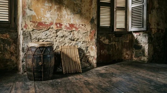 Vue atmosphérique d'instruments traditionnels du Maloya dans un cadre patrimonial réunionnais