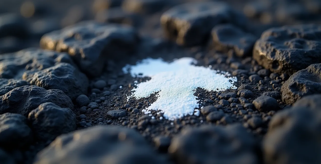 Gros plan sur une marque de peinture blanche sur la roche volcanique noire et brillante de l'Enclos Fouqué