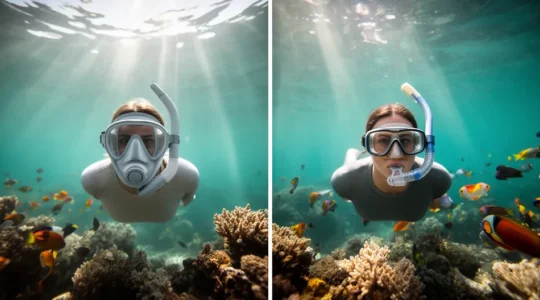 Comparaison visuelle entre un masque intégral et un masque classique sous l'eau turquoise du lagon réunionnais