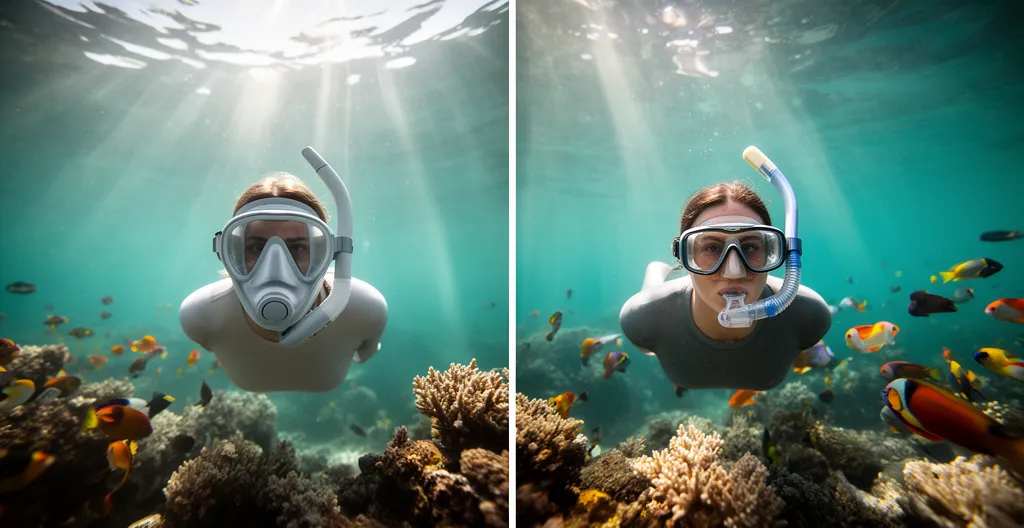 Comparaison visuelle entre un masque intégral et un masque classique sous l'eau turquoise du lagon réunionnais