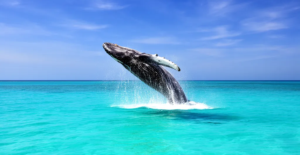 Baleine à bosse sautant hors de l'eau au large de La Réunion avec un bateau d'observation respectueux à distance