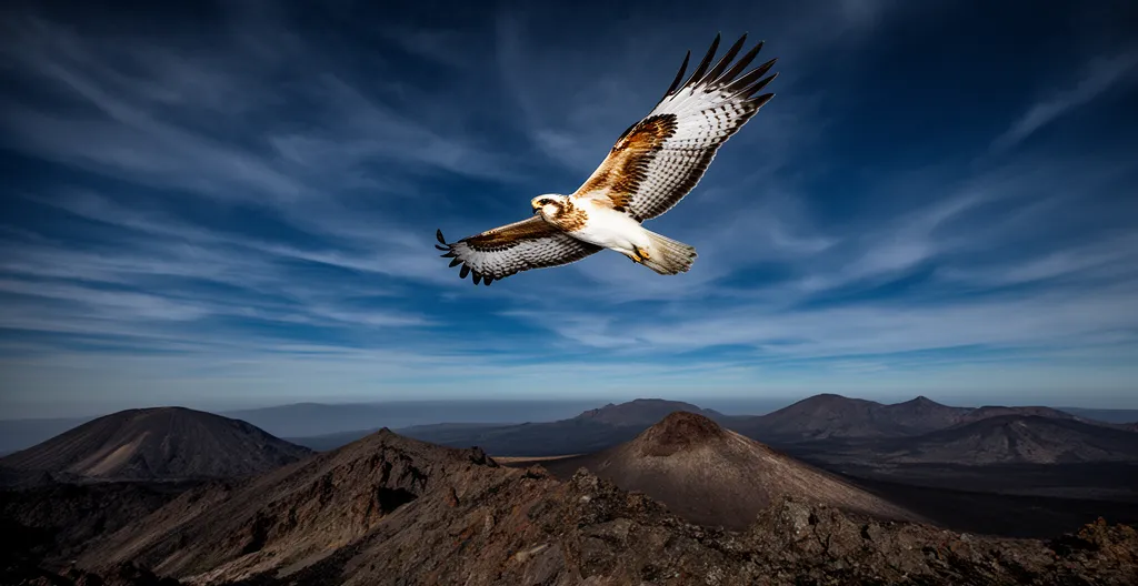 Papangue en vol planant au-dessus des reliefs volcaniques de La Réunion