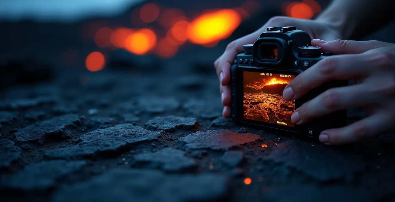 Photographe utilisant un rocher comme support naturel pour son appareil photo face aux coulées de lave nocturnes du Piton de la Fournaise