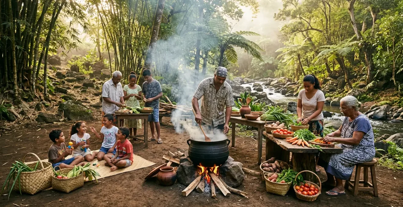 Famille réunionnaise préparant un carry dans une marmite sur feu de bois sous un kiosque près d'une rivière