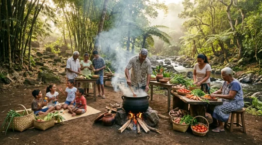 Famille réunionnaise préparant un carry dans une marmite sur feu de bois sous un kiosque près d'une rivière