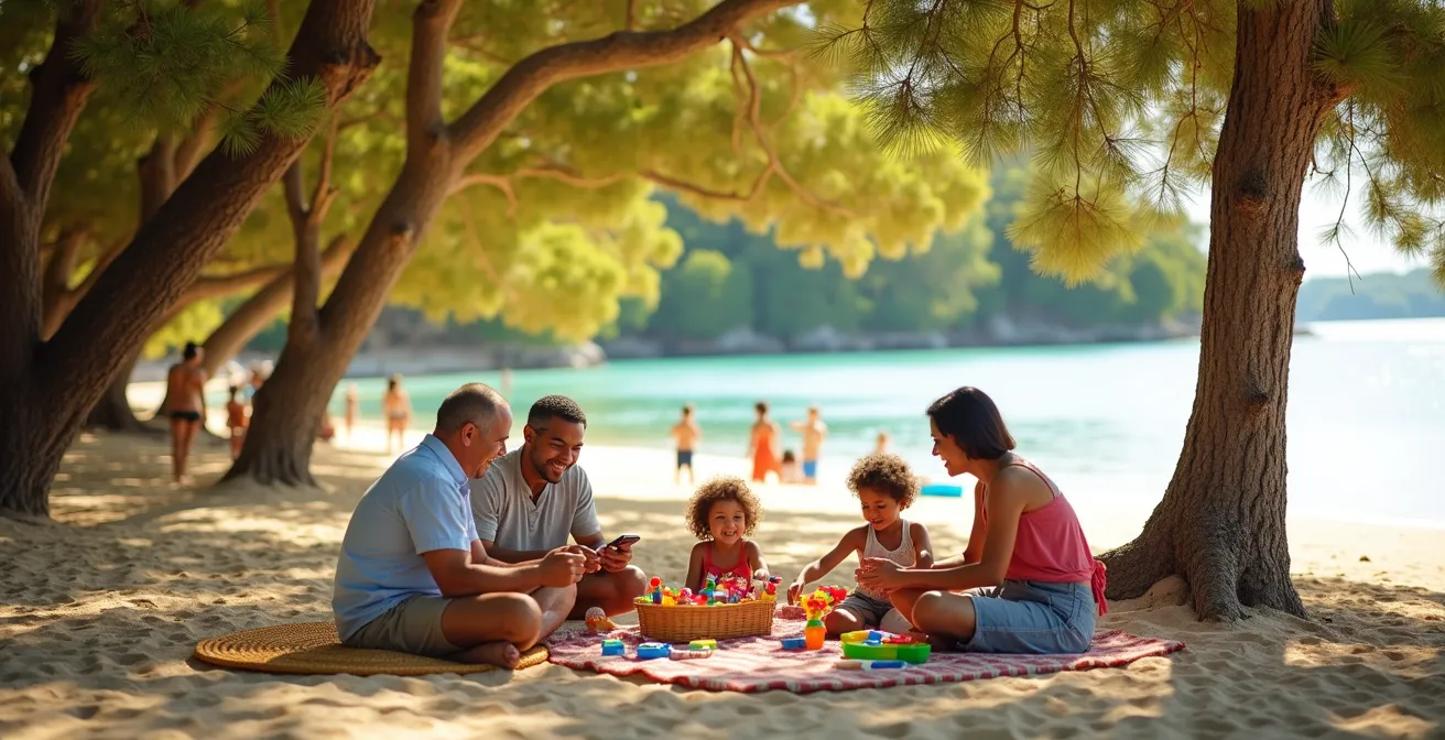 Familles installées sous l'ombre des filaos sur la plage de l'Ermitage en matinée
