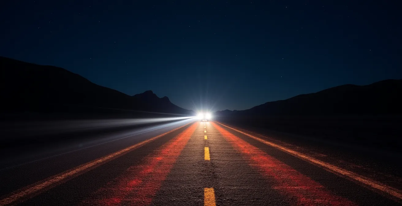 Route traversant la Plaine des Sables de nuit avec phares de voiture éclairant le paysage lunaire