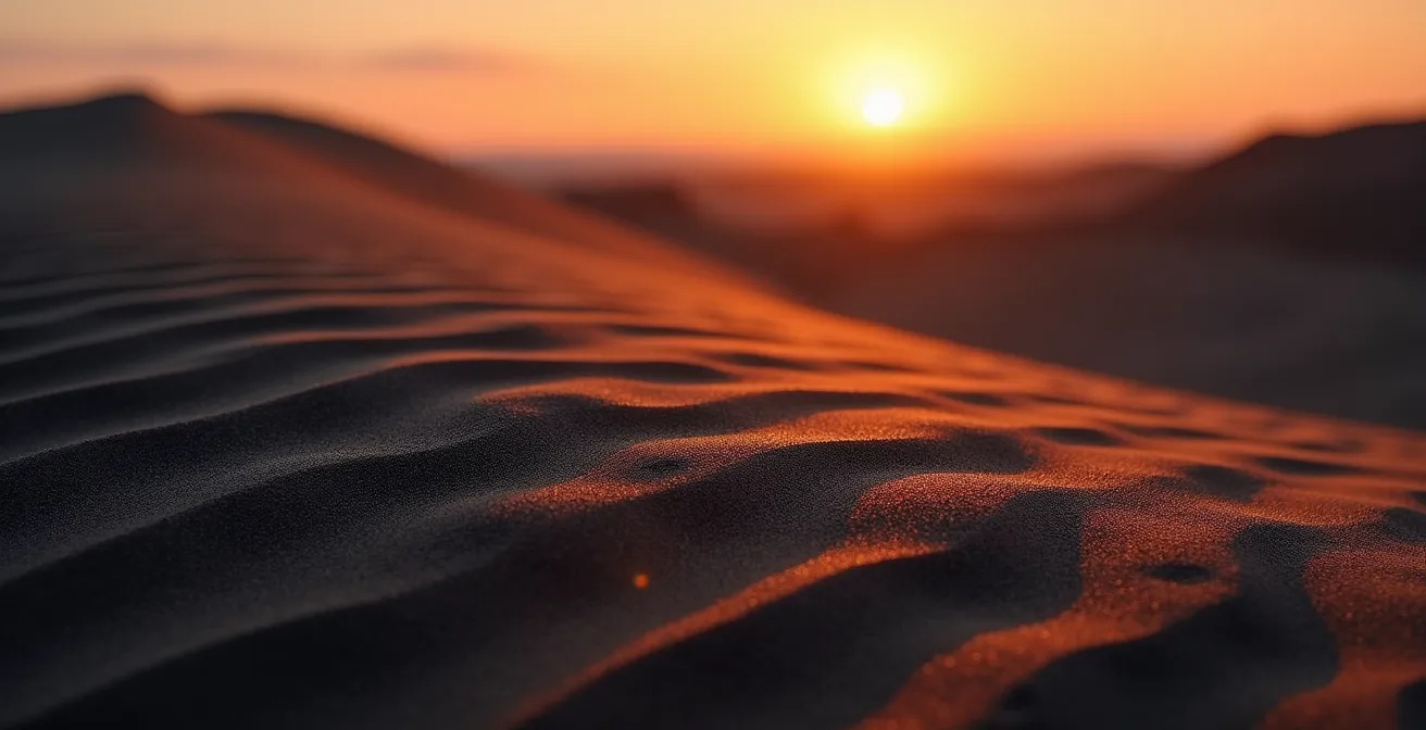 Paysage lunaire de la Plaine des Sables sous la lumière rasante du matin révélant les textures des dunes de scories