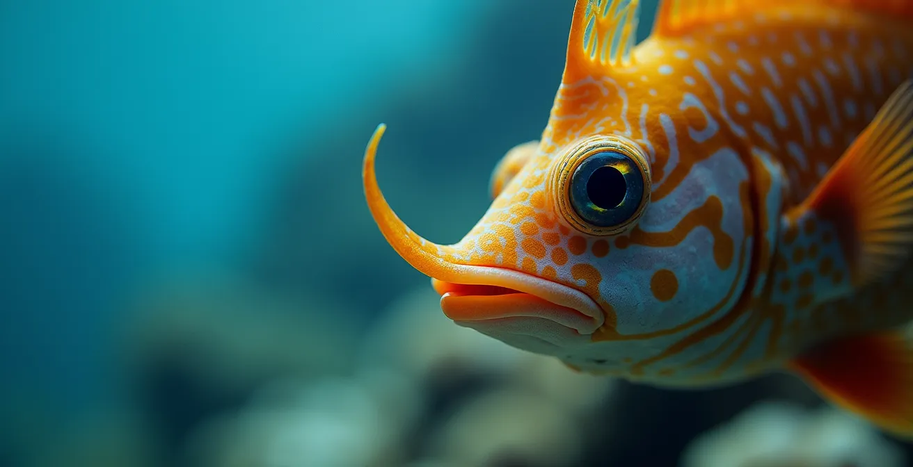 Poisson-flûte camouflé utilisant la technique de l'ombre contre un poisson-perroquet dans le lagon