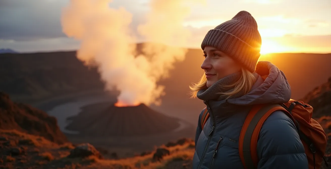 Randonneur équipé contre le froid au sommet du Piton de la Fournaise au lever du soleil
