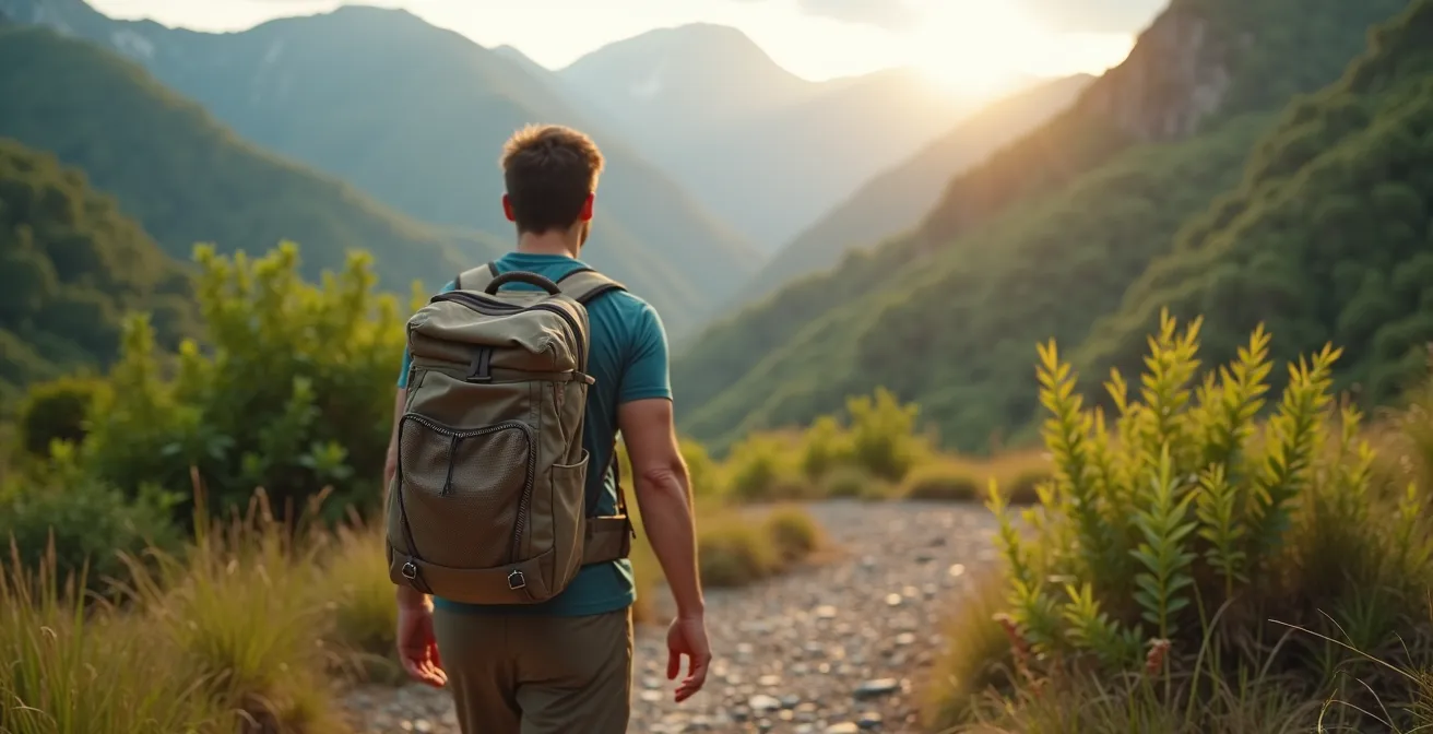 Randonneur avec sac à dos équipé pour la gestion des déchets sur un sentier de Mafate