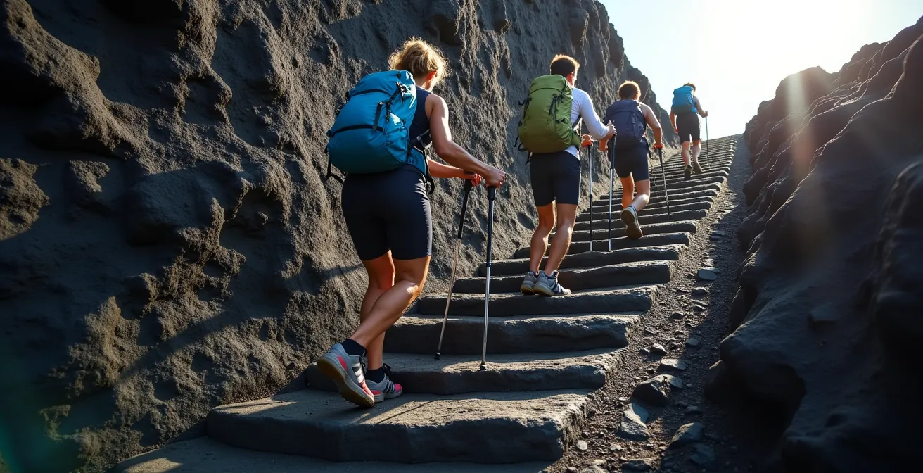 Randonneurs en pleine montée des marches volcaniques du rempart du Pas de Bellecombe