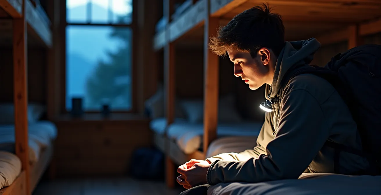 Vue du refuge de la Caverne Dufour niché dans la montagne volcanique au coucher du soleil