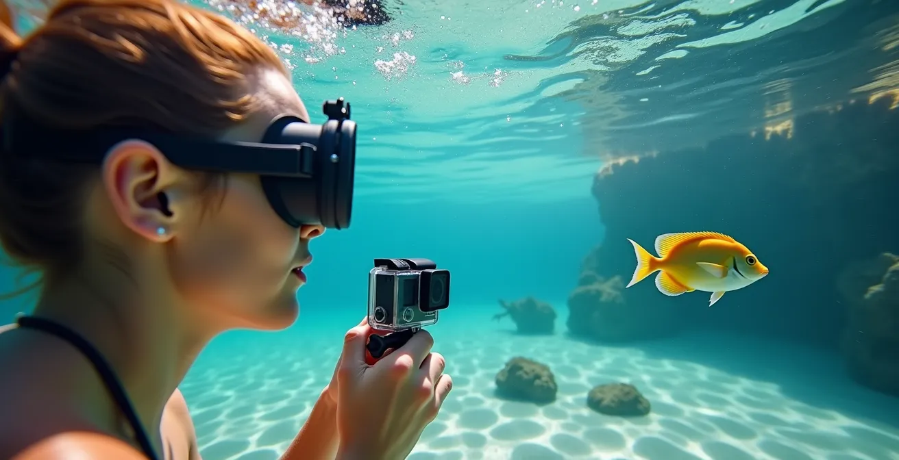 Plongeur équipé d'une caméra sous-marine avec filtre rouge filmant des poissons tropicaux