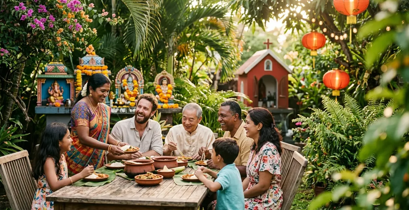 Rencontre interculturelle respectueuse entre touristes et locaux dans un jardin créole traditionnel de La Réunion