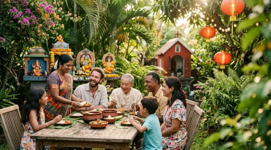 Rencontre interculturelle respectueuse entre touristes et locaux dans un jardin créole traditionnel de La Réunion