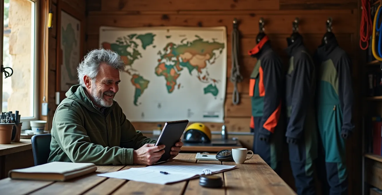 Guide de canyoning consultant sa tablette météo dans son bureau avec cartes topographiques