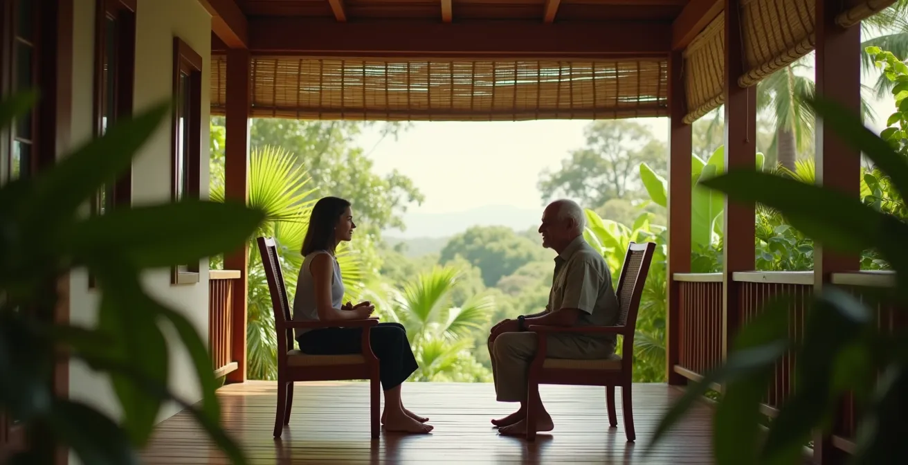 Moment de transmission entre une personne âgée et un jeune dans un cadre traditionnel réunionnais