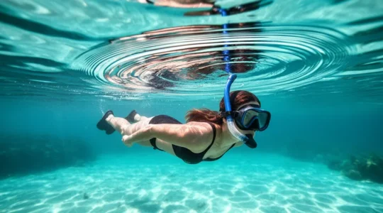 Plongeur en snorkeling respirant avec un tuba dans les eaux cristallines d'un lagon tropical