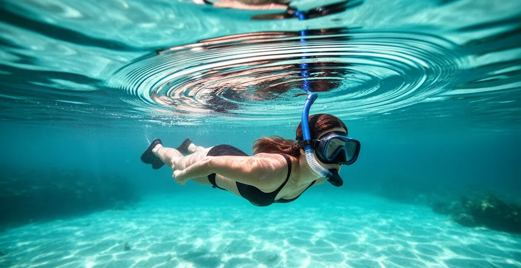Plongeur en snorkeling respirant avec un tuba dans les eaux cristallines d'un lagon tropical
