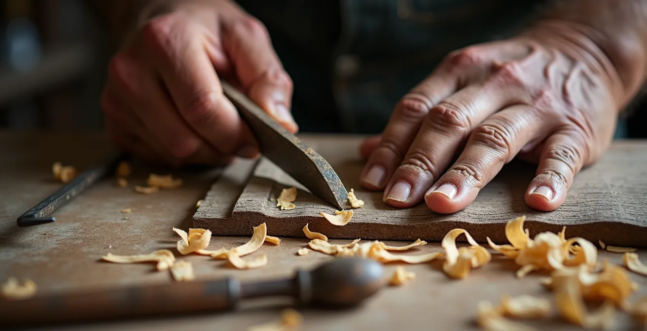 Artisan taillant des bardeaux de bois traditionnels pour la restauration d'une case créole